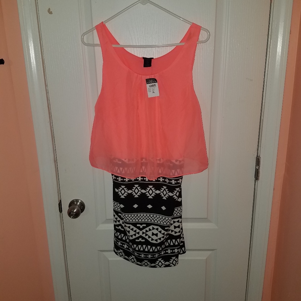Rue21 Neon Orange, Black, and White Dress